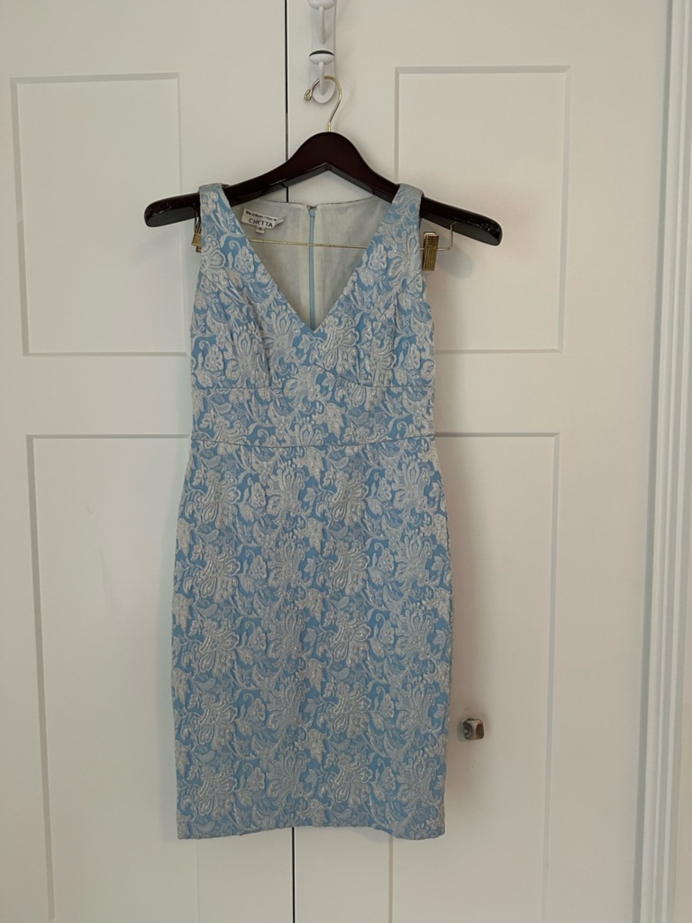 Chetta B Pale Blue and White Brocade Midi Dress